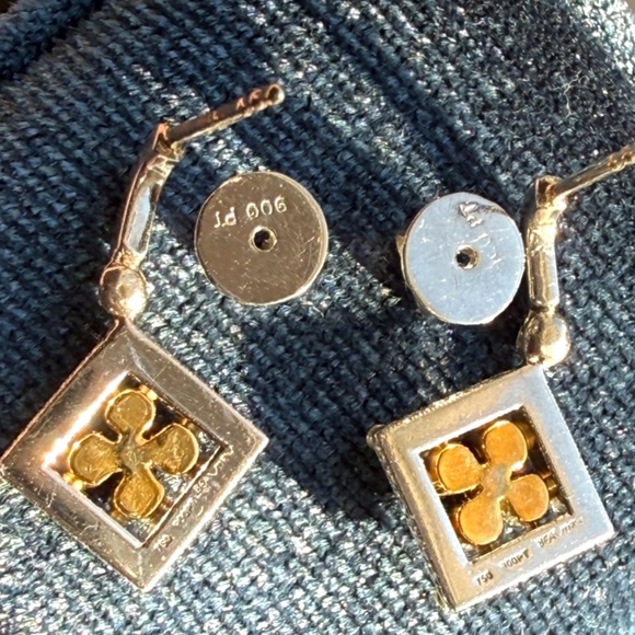 Designer MICHAEL BEAUDRY Platinum 18K Yellow Gold Diamond Flower Drop Earrings - Picture 4 of 15